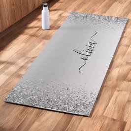 Tapete De Yoga Nome Monograma Brilho Glitter Prata Metal