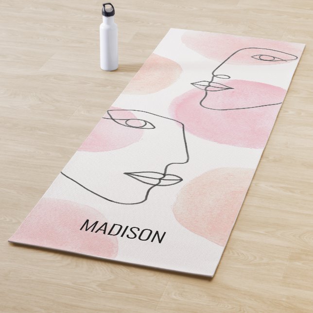 Tapete De Yoga Nome Monograma Linha Desenho Faces Rosa (In Situ)