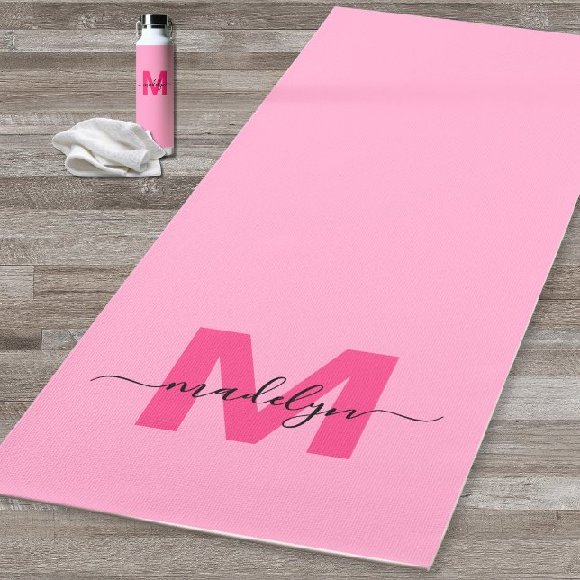 Tapete De Yoga Nome Monograma Personalizado Rosa Choque Feminino (Custom Girly Monogram Name Hot Pink Yoga Mat )