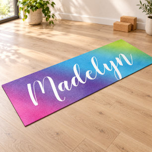 Tapete De Yoga Nome Monograma Script Aquarela Arco-íris