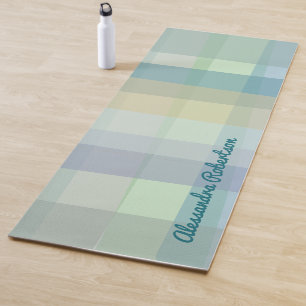 Tapete De Yoga Nome Monograma Xadrez Pastel Teal Green Tartan