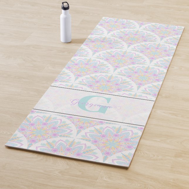 Tapete De Yoga Nome Personalizado Art Deco Pastel Rainbow Floral  (In Situ)