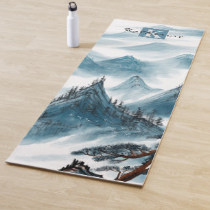 Tapete De Yoga Nome Personalizado Blue White Mountain View