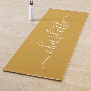 Tapete De Yoga Nome Personalizado Chic Caligrafia Amarelo Mostard