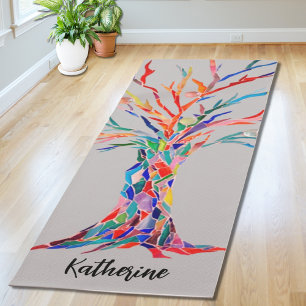 Tapete De Yoga Nome Personalizado Cinza da Árvore do Arco-Íris
