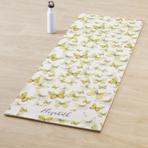 Tapete De Yoga Nome Personalizado das Borboletas de Pastel Amarel