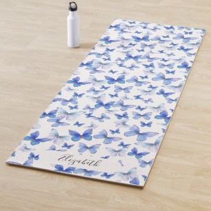 Tapete De Yoga Nome Personalizado das Borboletas de Pastel Azul