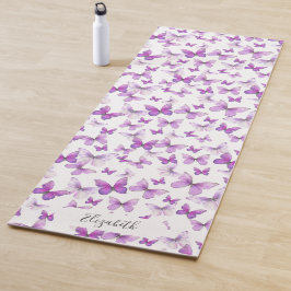 Tapete De Yoga Nome Personalizado das Borboletas de Pastel Roxo