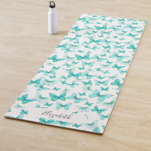 Tapete De Yoga Nome Personalizado de Borboletas de Pastel de Teal