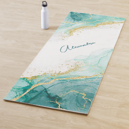 Tapete De Yoga Nome Personalizado de Cor de Água Dourada de Teal 