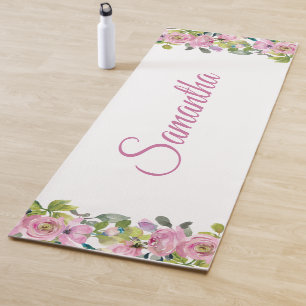 Tapete De Yoga Nome Personalizado de Cor de Água Floral Rosa bon