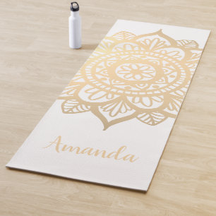 Tapete De Yoga Nome Personalizado Dourado Mandala Branco