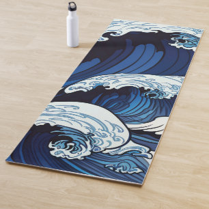 Tapete De Yoga Ondas Azuis Abstratas do Oceano Arte no Estilo Jap