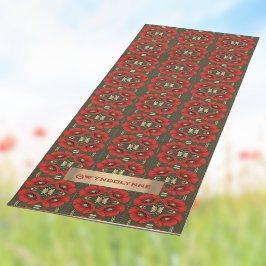 Tapete De Yoga Padrão Art Nouveau Dourado Vermelho Papoulas Vinta
