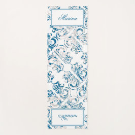 Tapete De Yoga Padrão azul e branco elegante e seu nome