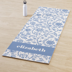 Tapete De Yoga Padrão Botânico Floral Branco Azul com Nome Person