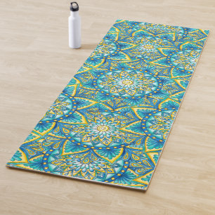 Tapete De Yoga Padrão colorido de Mandala azul Turquesa amarela