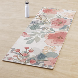 Tapete De Yoga Padrão de Aquarela Floral Jardim de Coral Rosado