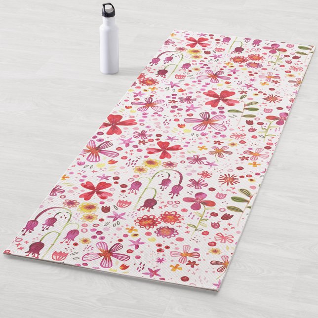 Tapete De Yoga Padrão de Aquarela Moderna Floral (Bold watercolor floral pink red white purple yoga mat)