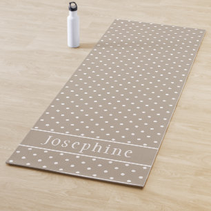Tapete De Yoga Padrão de Bolinhas Bege e Branco e Nome Personaliz