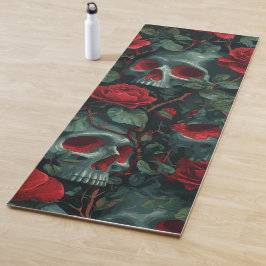 Tapete De Yoga Padrão de Caveira e Rosas Vermelhas – Desenho Flor