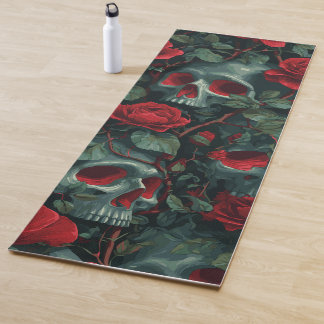Tapete De Yoga Padrão de Caveira e Rosas Vermelhas – Desenho Flor