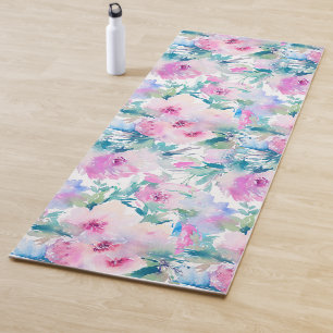 Tapete De Yoga Padrão de colagem de flores rosa e azuis