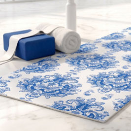 Tapete De Yoga Padrão de damasco mediterrâneo azul branco elegant