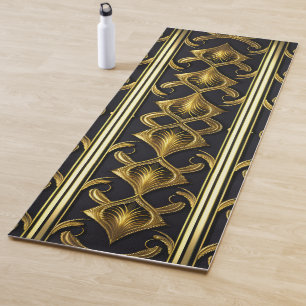 Tapete De Yoga Padrão de deco de arte elegante em preto e ouro