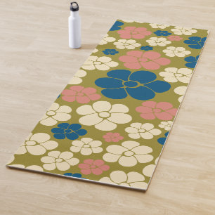Tapete De Yoga Padrão de Flor - Azul, Verde Oleícola, Rosa e Crem