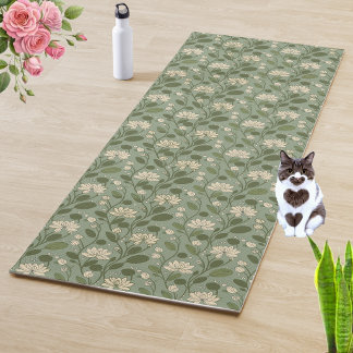 Tapete De Yoga Padrão de Flor Elegante em Verde Louro