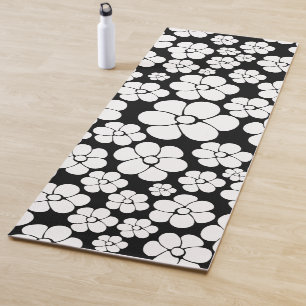 Tapete De Yoga Padrão de Flor Retroativo em Branco em Preto