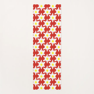 Tapete De Yoga Padrão de Flores Edelweiss Brancas em Vermelho