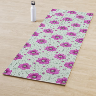 Tapete De Yoga Padrão de Flores Rosas Com Gotículas