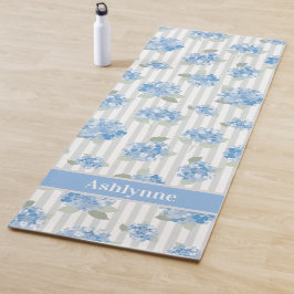 Tapete De Yoga Padrão de Hortênsia Azul Elegante Faixa Cinza Nome