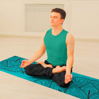 Tapete De Yoga Padrão de Mandala Azul Preto Ornamentado