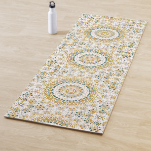 Tapete De Yoga Padrão de Mandala Geométrico Dourado e Verde
