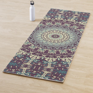 Tapete De Yoga Padrão de Mandala Roxo Turquesa e Creme