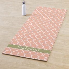 Tapete De Yoga Padrão de Treliça Rosa Pêssego e Verde Oliva