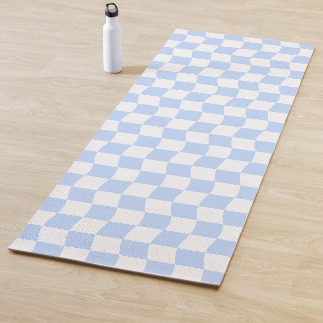 Tapete De Yoga Padrão de Xadrez Ondulado Branco Azul Pastel (In Situ)