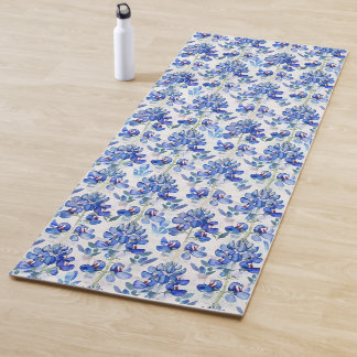Tapete De Yoga Padrão Floral Bluebonnet Azul e Branco