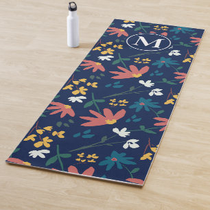 Tapete De Yoga Padrão Floral Boho Azul Moderno Monograma