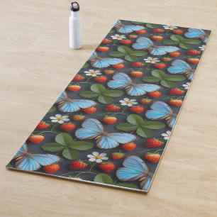 Tapete De Yoga Padrão Floral com Borboletas Azuis Morpho