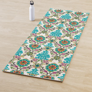 Tapete De Yoga Padrão Floral Damask Plum Turquoise