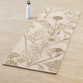 Tapete De Yoga Padrão Floral de Arte Linear Botânica Sépia Antiga