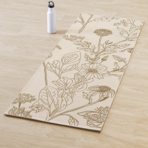 Tapete De Yoga Padrão Floral de Arte Linear Botânica Sépia Antiga