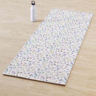 Tapete De Yoga Padrão Floral de Flor Silvestre Aquarela Azul Roxo