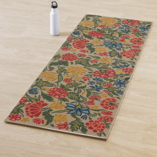 Tapete De Yoga Padrão Floral em Crewel Vintage Vermelho e Dourado