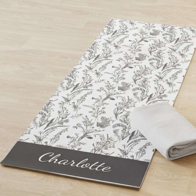 Tapete De Yoga Padrão Floral Toile Preto Branco Nome Personalizad (black and white minimalist toile pattern stemless yoga mat with custom name for gift for her)