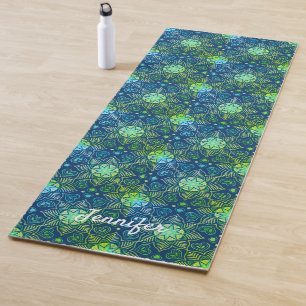 Tapete De Yoga Padrão Floral Verde de Mandala no Azul Marinho